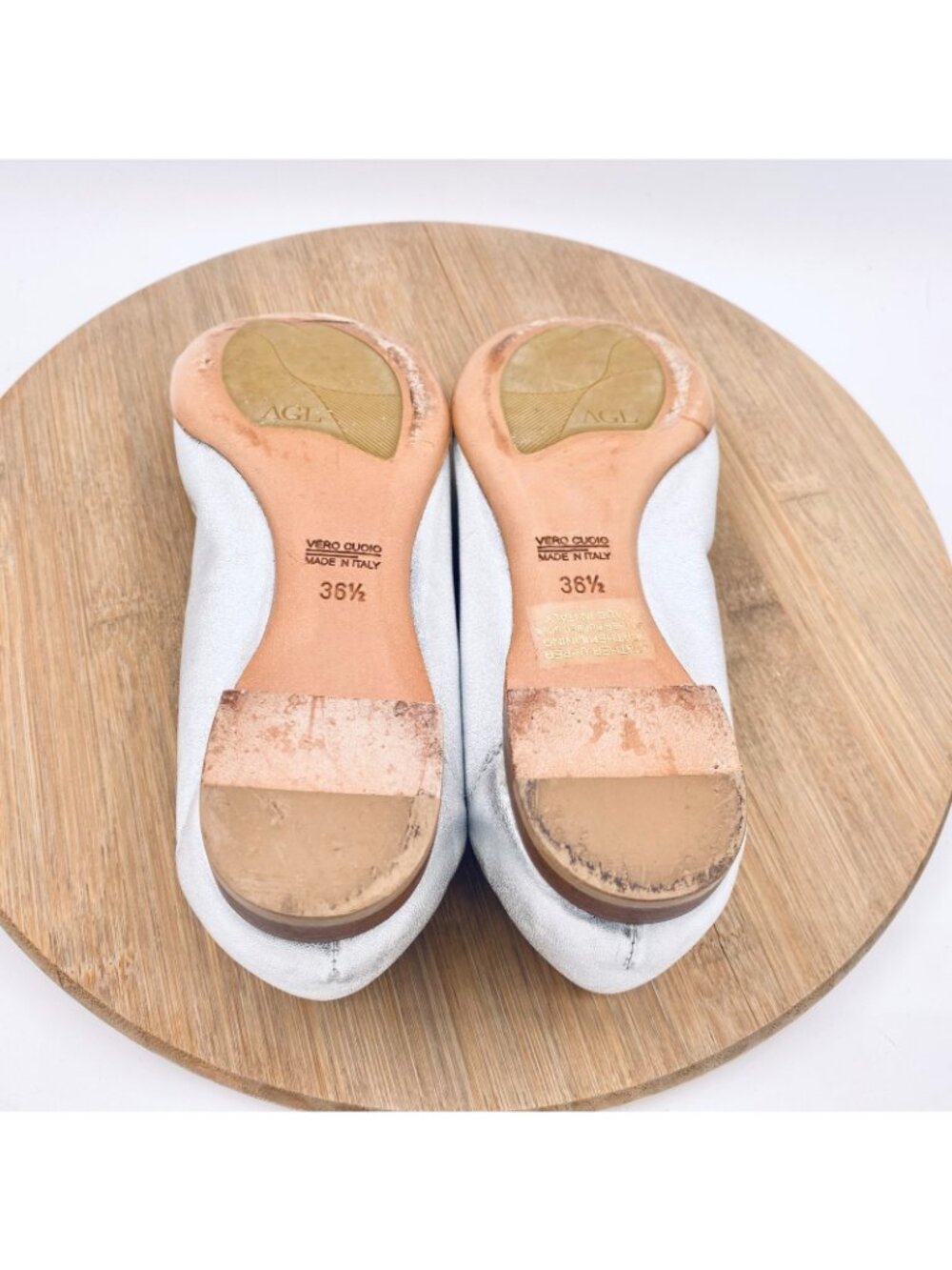 AGL Ballet Flats Womens 7.5 Silver Leather Monika Flats Cap Quiet Luxury Italy - Picture 10 of 13